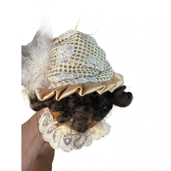 Vintage Dandee Victorian Porcelain Head Doll Cream Christmas Ornament Brown Hair - Picture 3 of 6